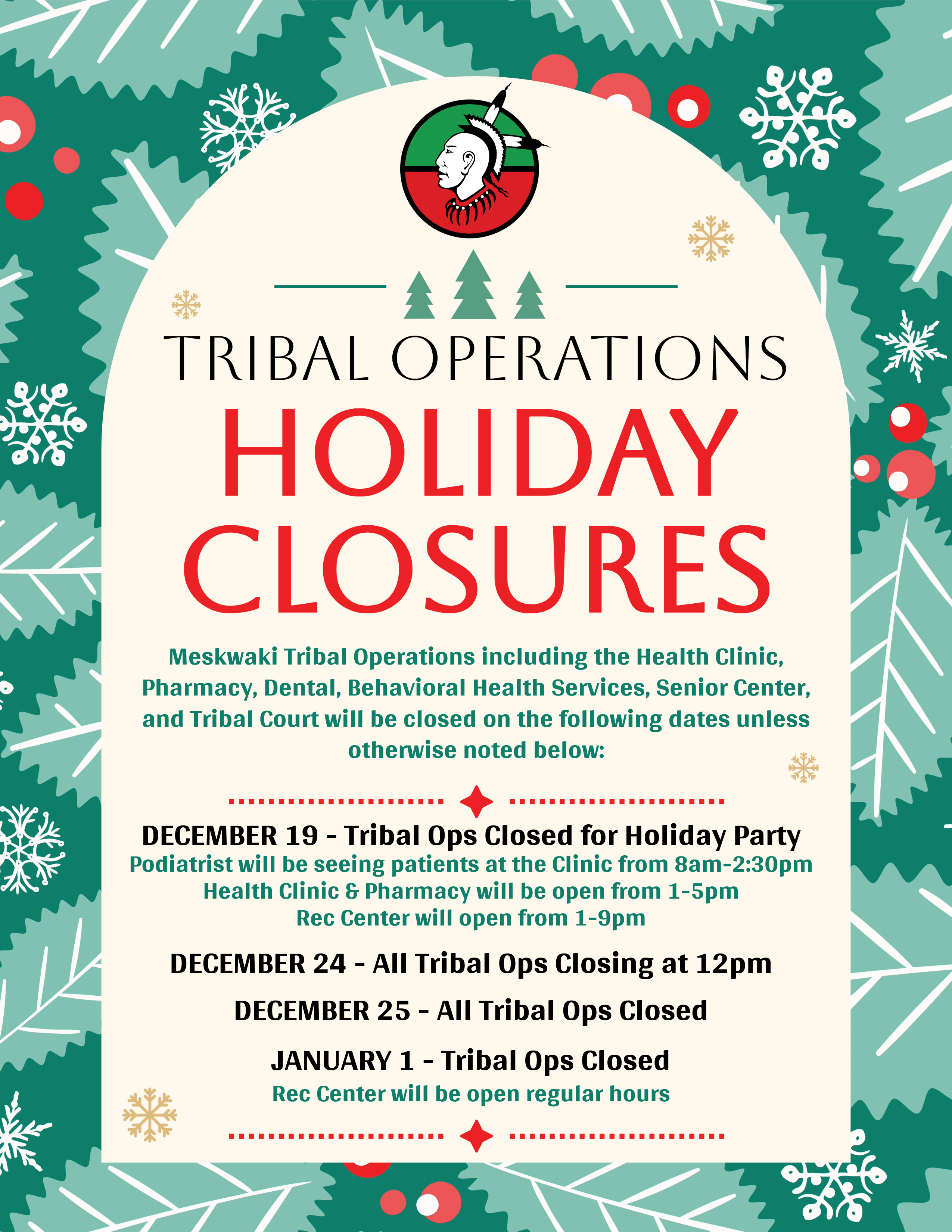 Tribal Operations Closed on 12/19