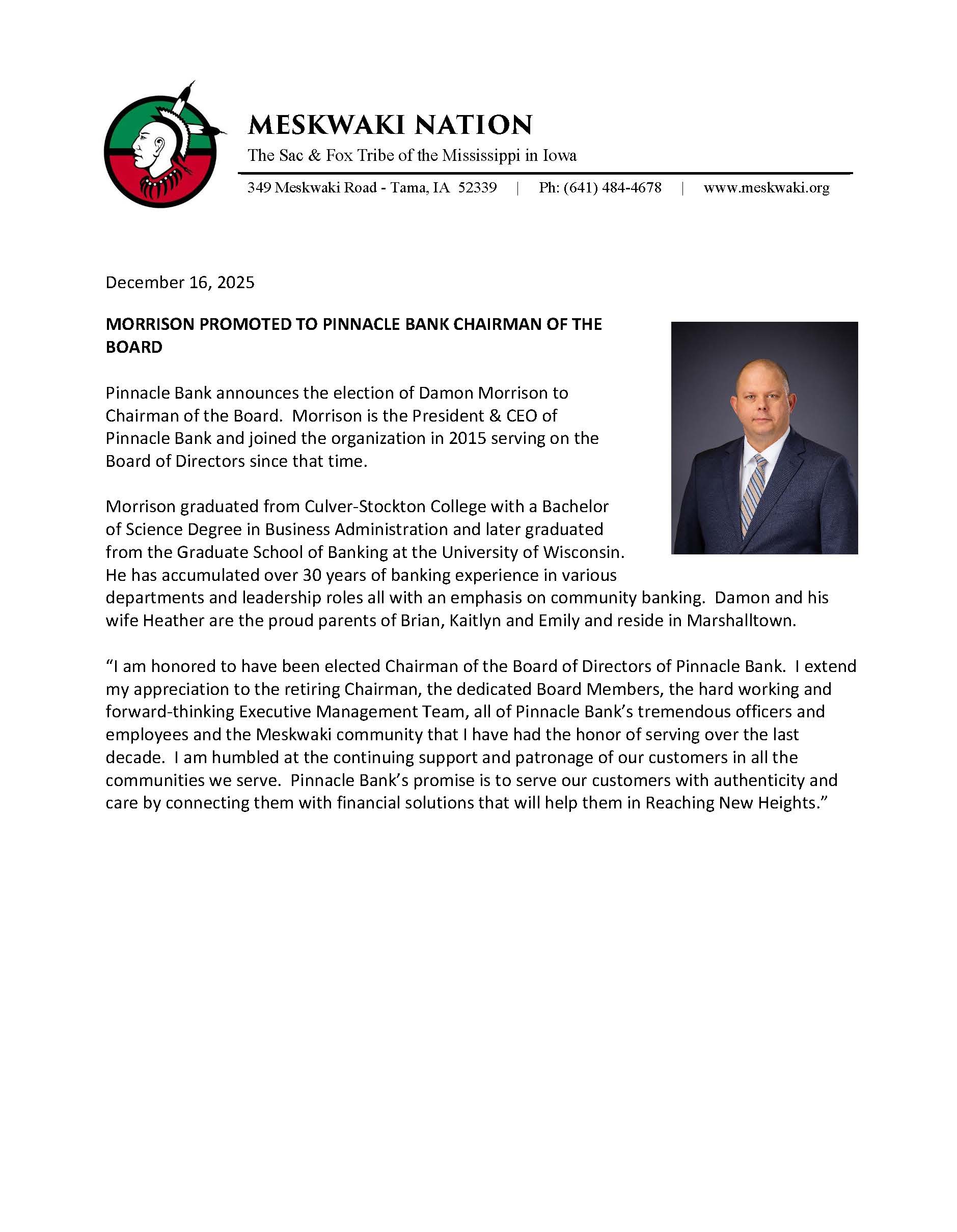Morrison Promoted to Pinnacle Bank Chairman of the Board