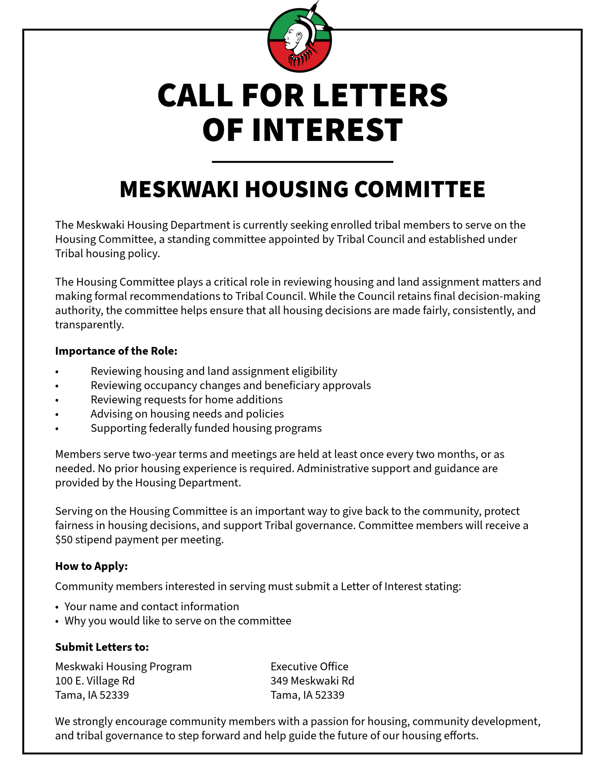 Meskwaki Housing Committee Members Needed