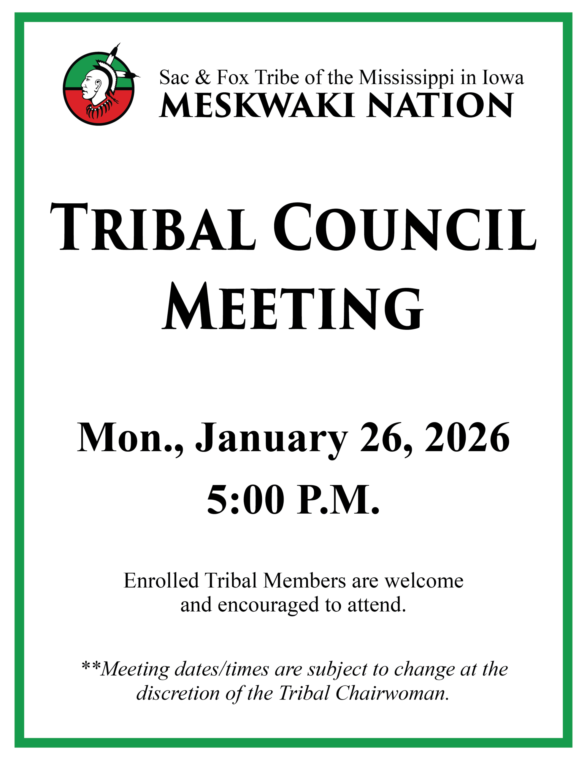 Tribal Council Meeting to be held Monday, January 26, 2026