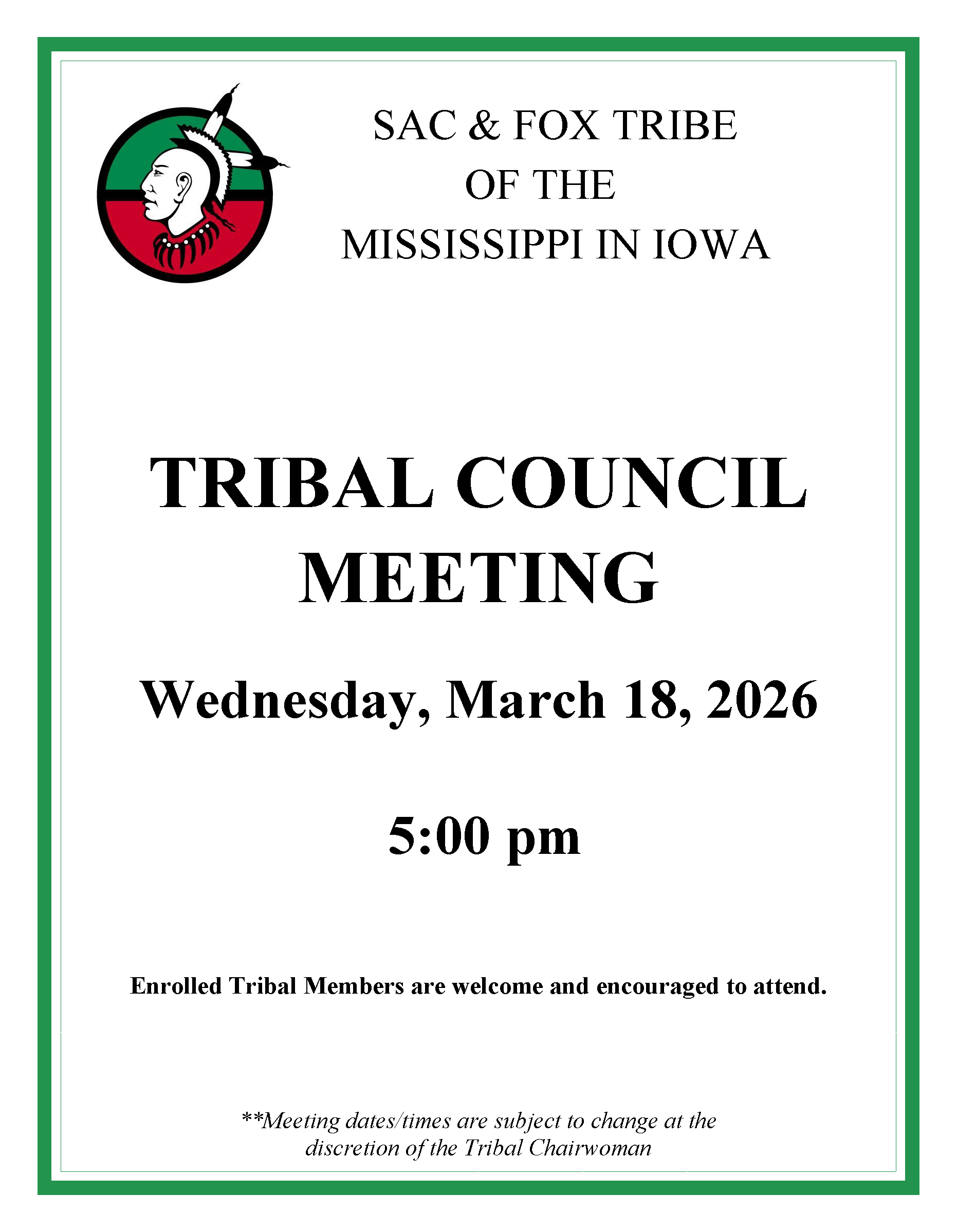 Tribal Council Meeting to be held March 18