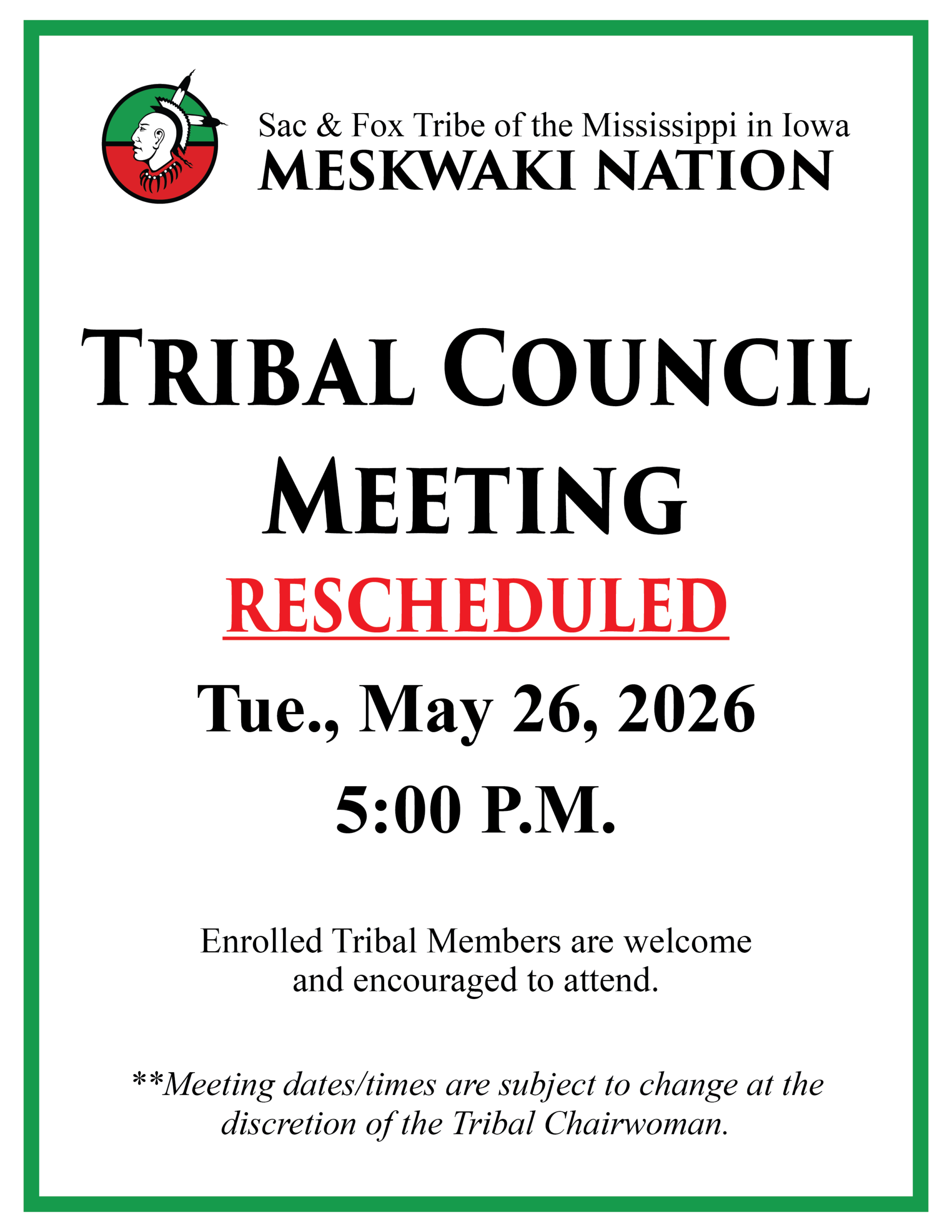 Tribal Council Meeting Rescheduled to May 26