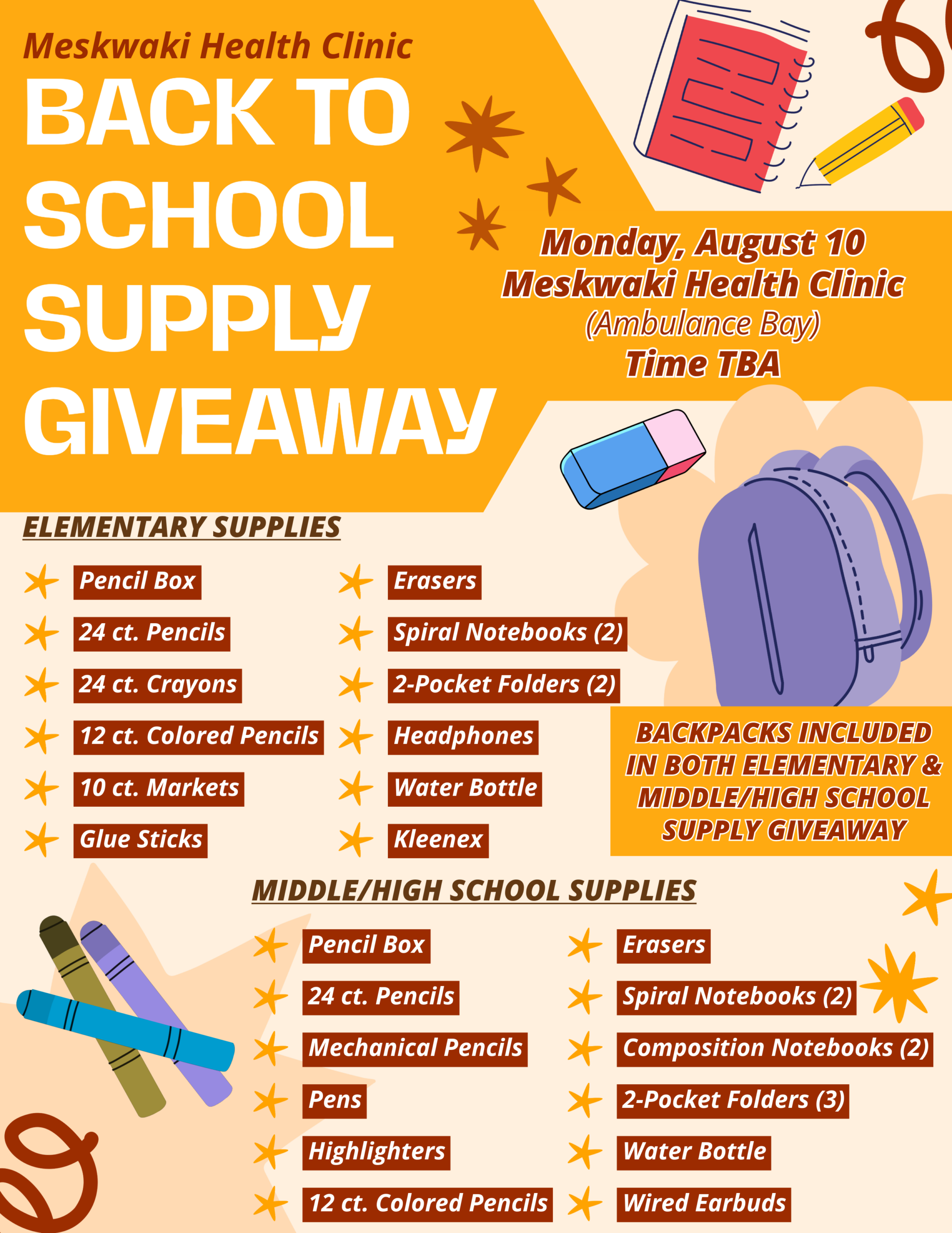 Meskwaki Health Clinic to hold Back to School Supply Giveaway on August 10
