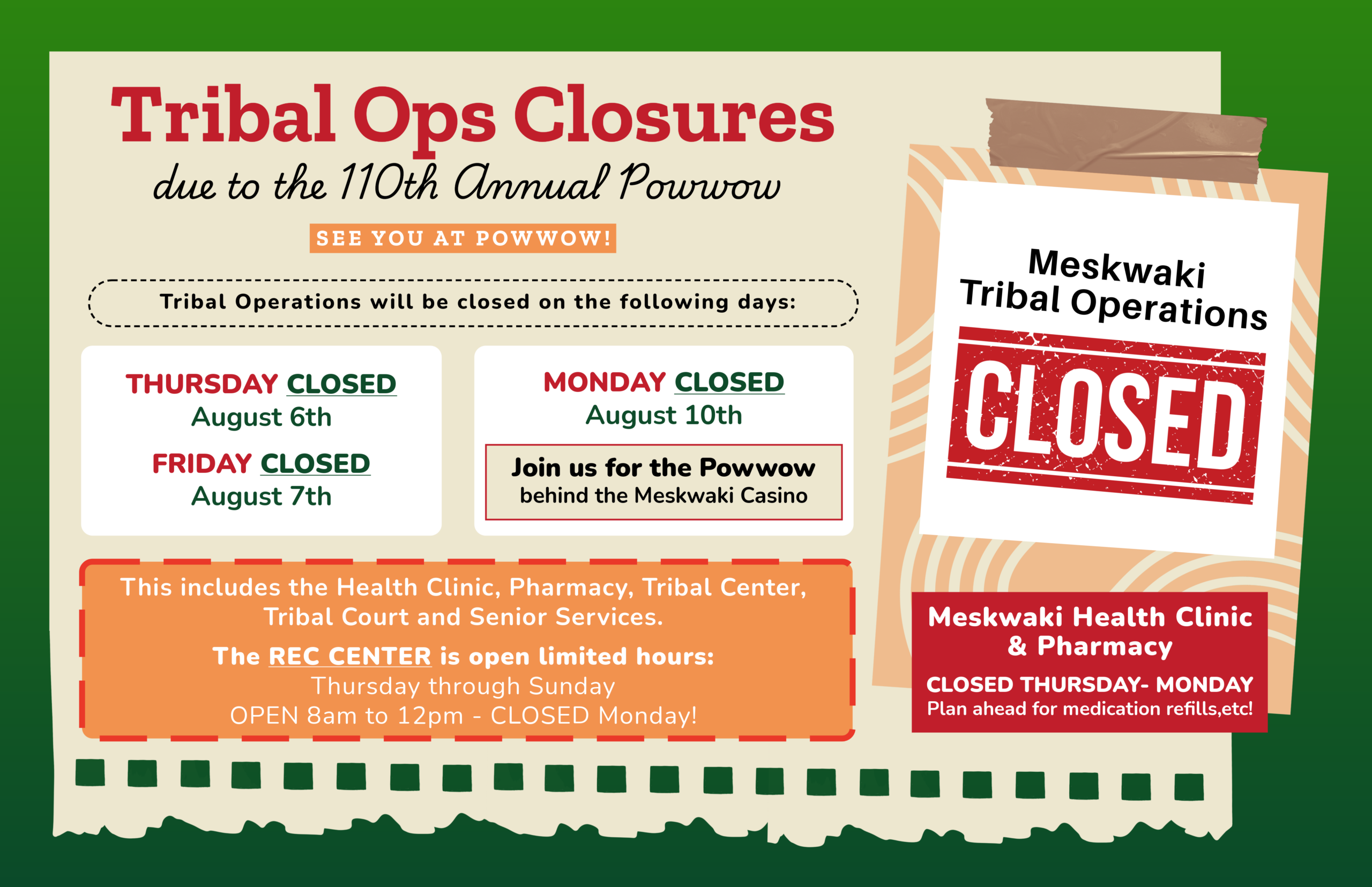 Meskwaki Tribal Ops Closures for Powwow