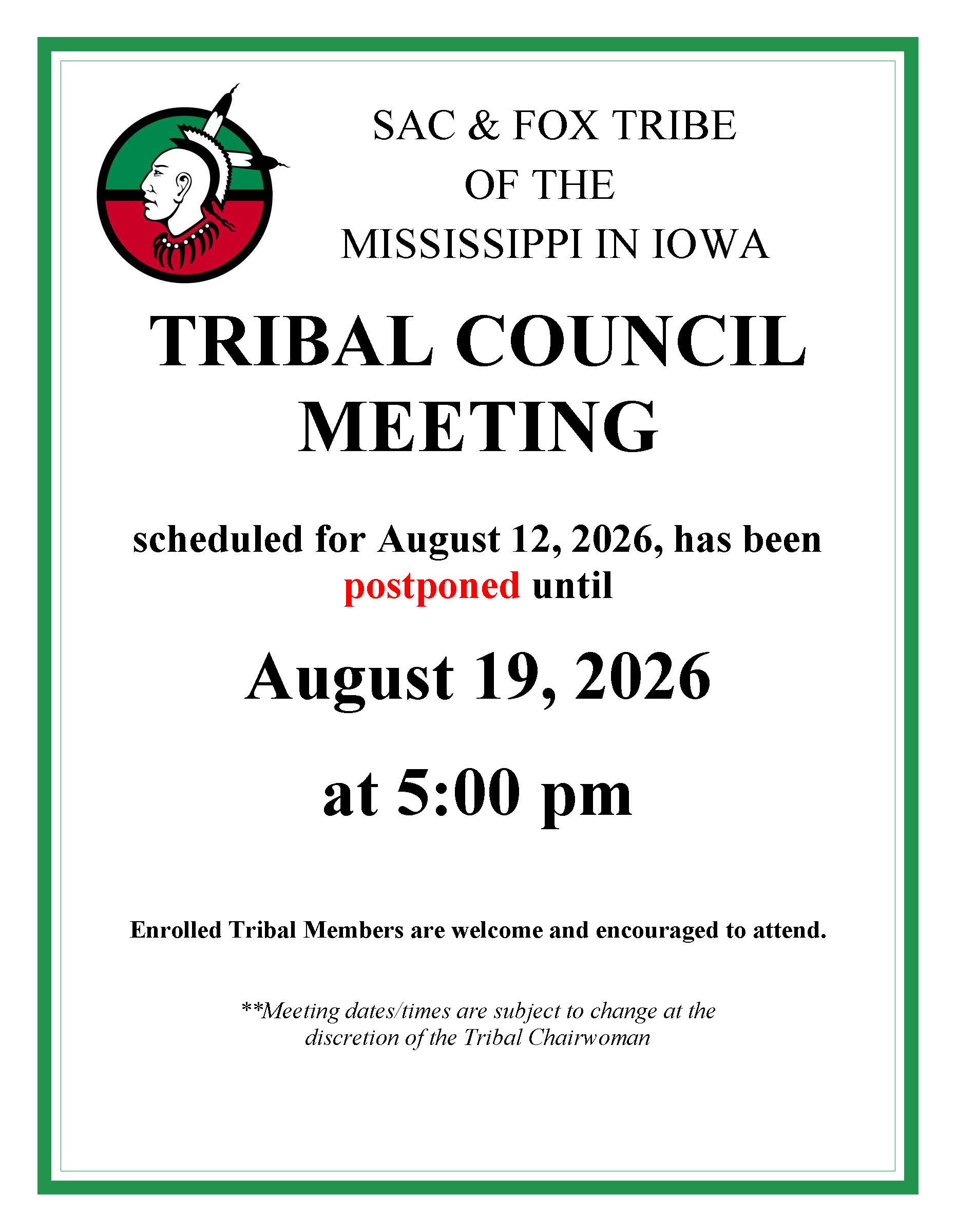 Tribal Council Meeting Moved to 8/19 at 5PM