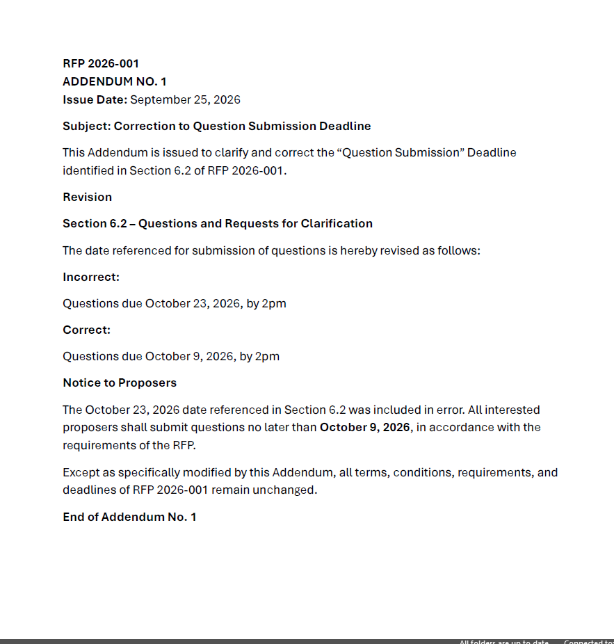 RFP 2026-001 Addendum 1 Date Correction
