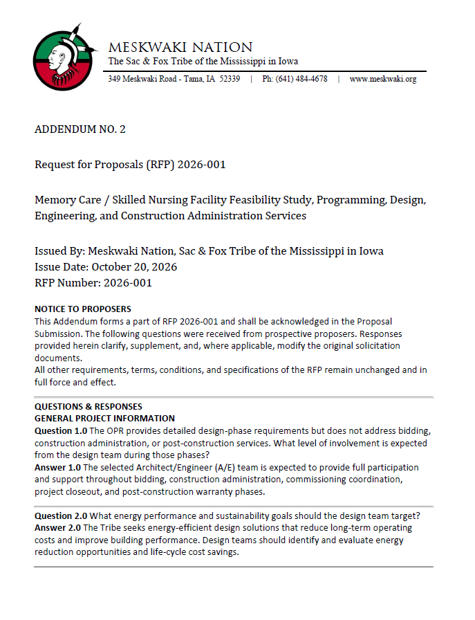 Addendum #2 Question Responses to RFT 2026 Nursing Home